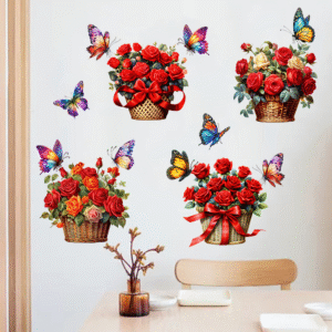 1 set(4 pieces) Beautiful Red Flower Butterfly Basket 3D Removable Wall stickers